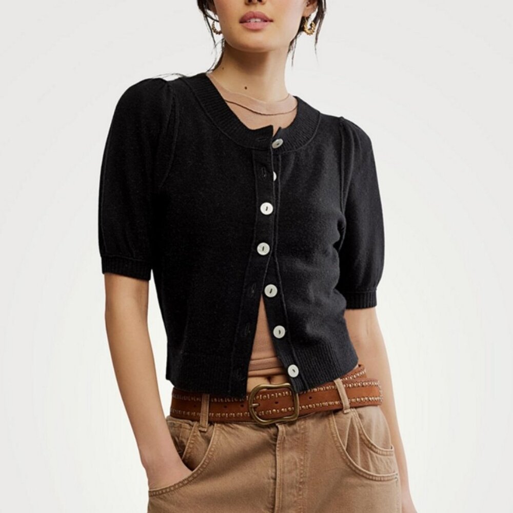 Free People Isla Short Sleeve Cardigan Black Wool Cashmere Cropped M